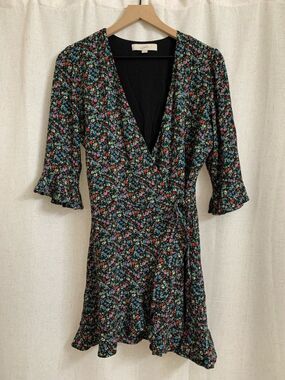 LOFT Black Floral Wrap Mini Dress Romper with Shorts Multicolor Blossoms XS